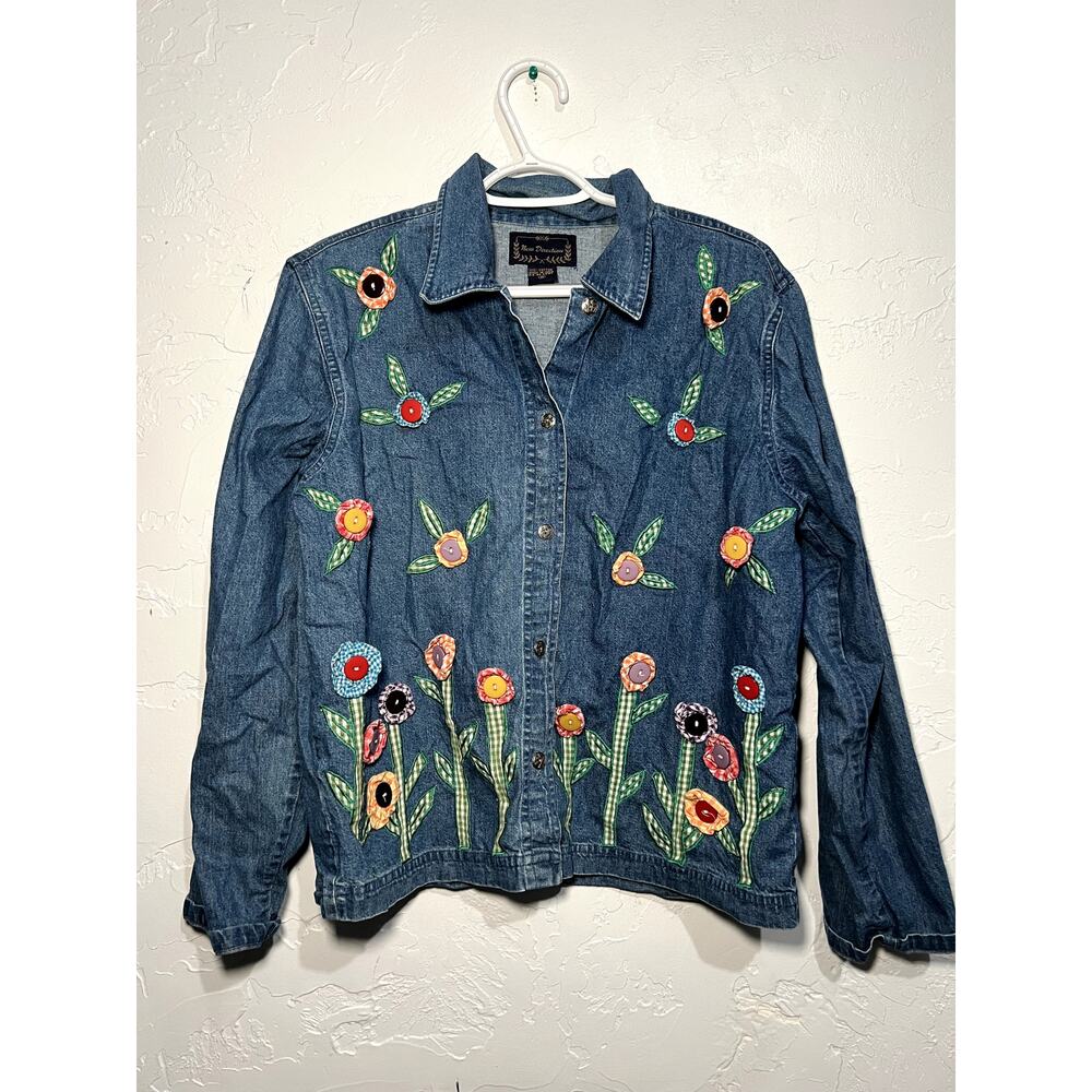 New directions cotton floral button down denim jacket womes medium grandmacore‎
